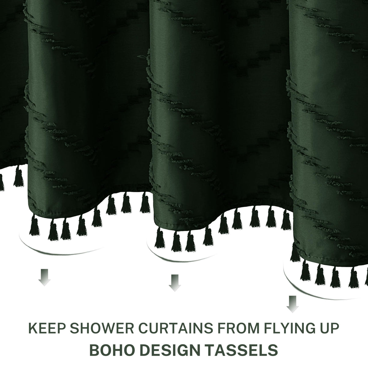 Siiluminisoy dark-green curtain with tassels, a graceful accent that elevates bathroom decor.