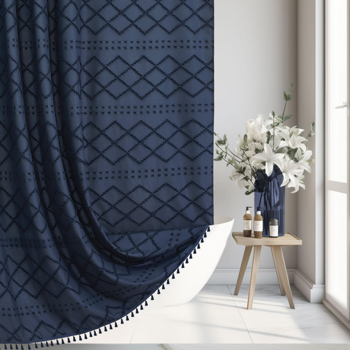 Siiluminisoy navy blue shower curtain full view enhances bathroom style and privacy.
