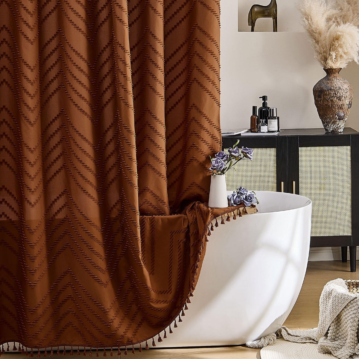 Siiluminisoy orange shower curtain with textured chevron for vintage privacy and flair