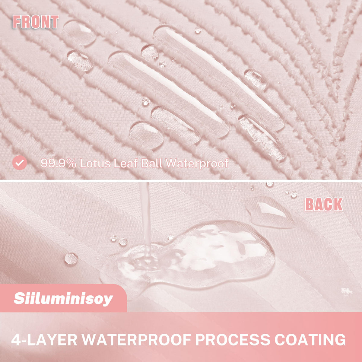 Siiluminisoy pink shower curtain with 12 hooks included for quick setup.