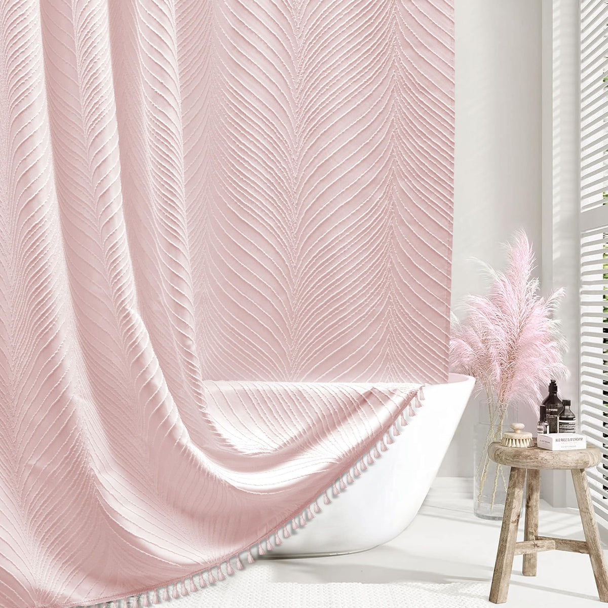 Siiluminisoy pink shower curtain with boho leaves texture for chic bathroom decor.
