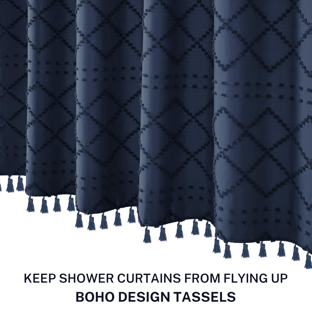 Siiluminisoy polyester fabric detail highlights easy-care shower curtain material.