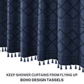 Siiluminisoy polyester fabric detail highlights easy-care shower curtain material.