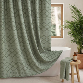 Siiluminisoy sage green boho shower curtain with tufted chevron texture for a modern bathroom.
