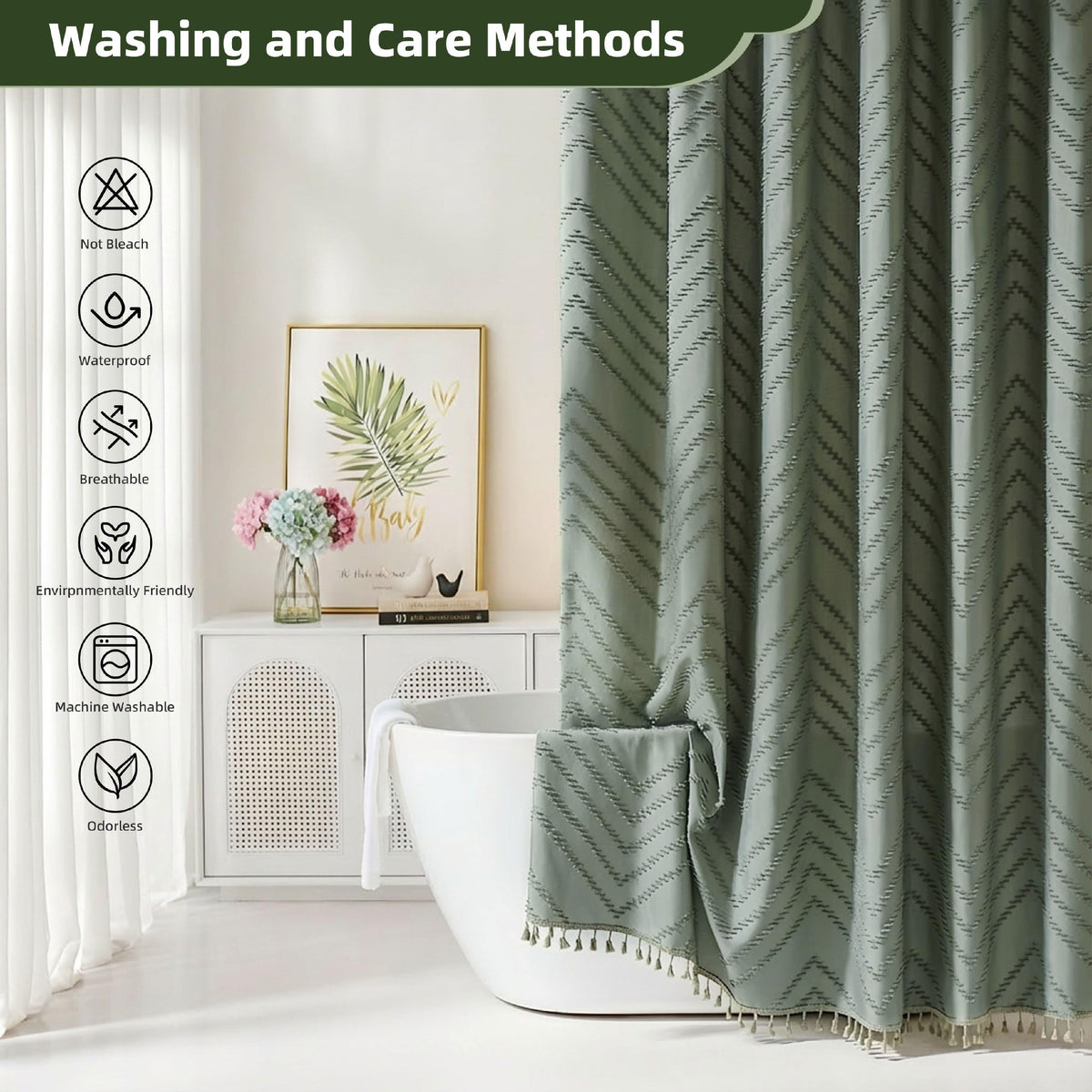 Siiluminisoy sage green curtain includes 12 C-shaped hooks for quick secure installation.