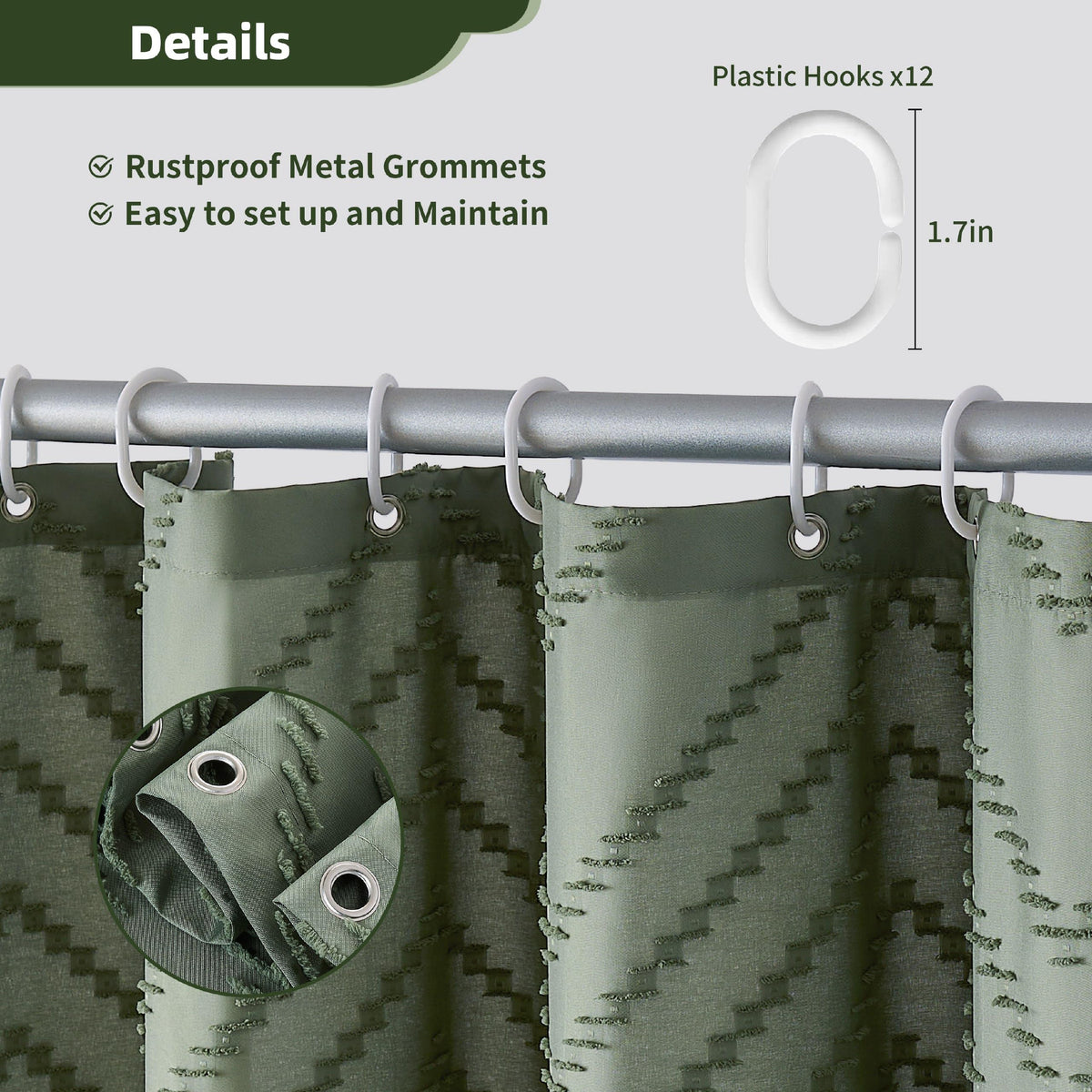 Siiluminisoy sage green curtain creates a water barrier to keep floors dry.