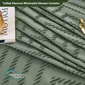 Siiluminisoy sage green curtain with chevron pattern enhances neutral bathroom decor.