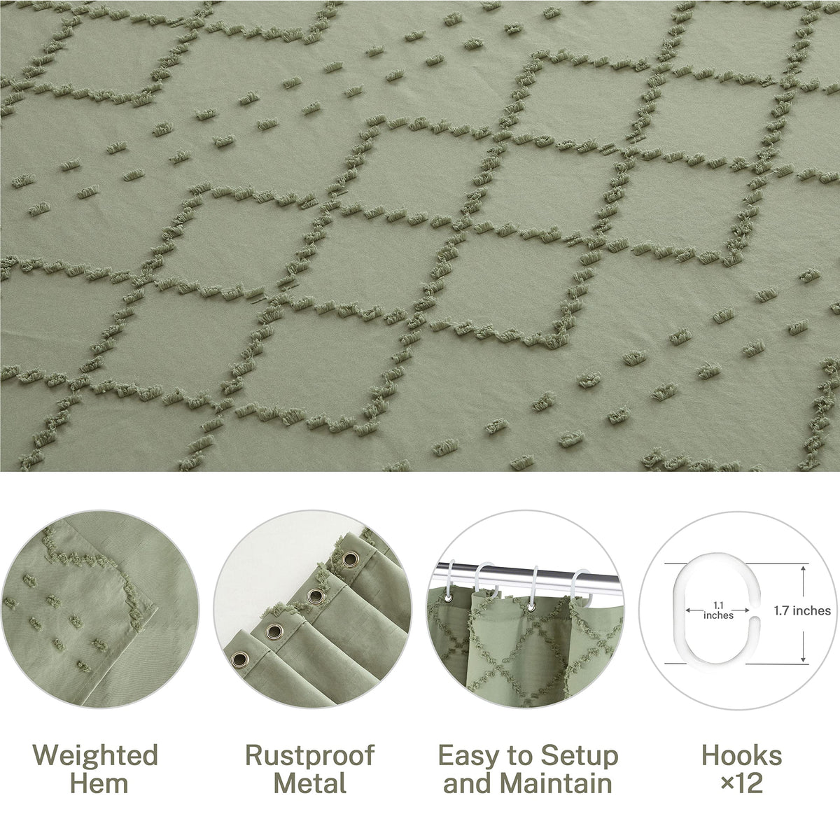 Siiluminisoy sage green shower curtain complements neutral and boho bathrooms.