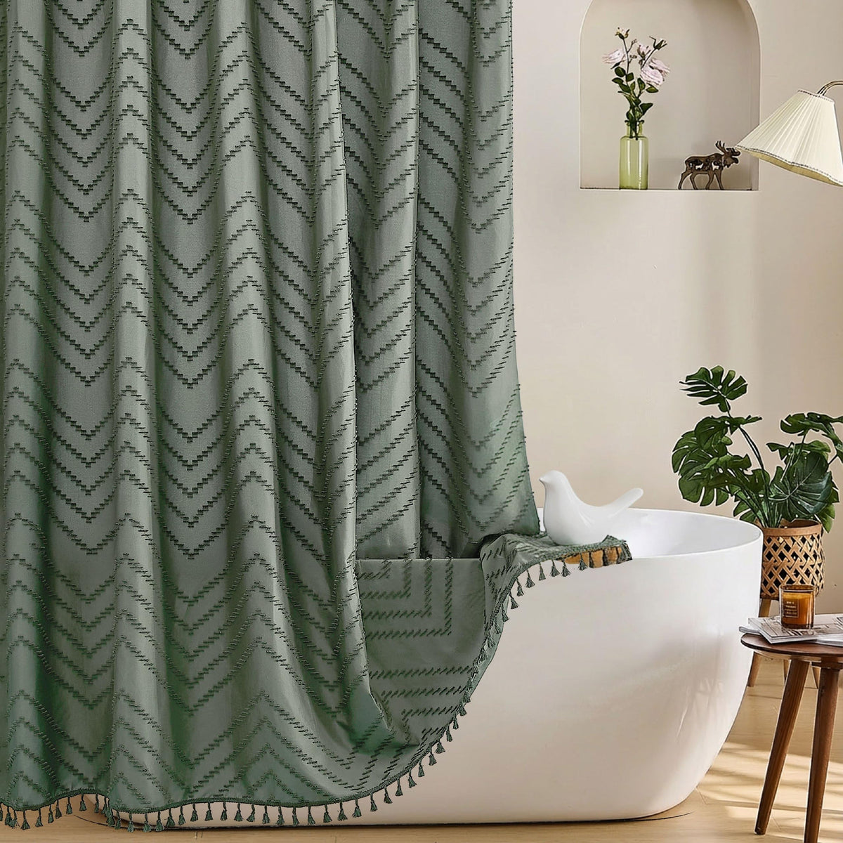 Siiluminisoy sage green shower curtain textured finish adds style and privacy.