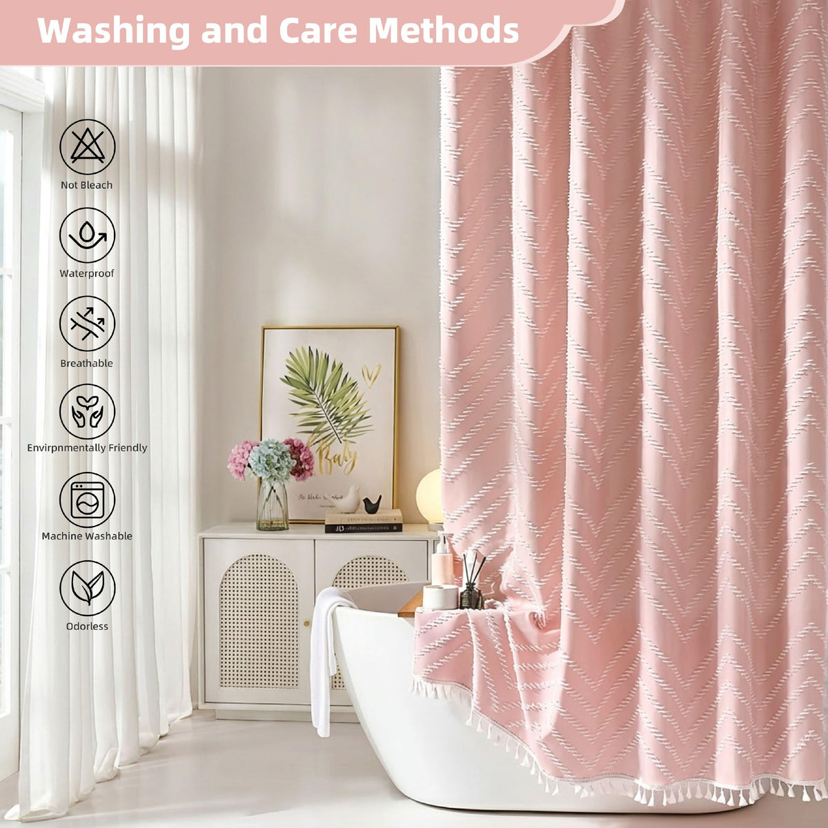 Siiluminisoy tassel-trim adds farmhouse charm to bathroom decor.