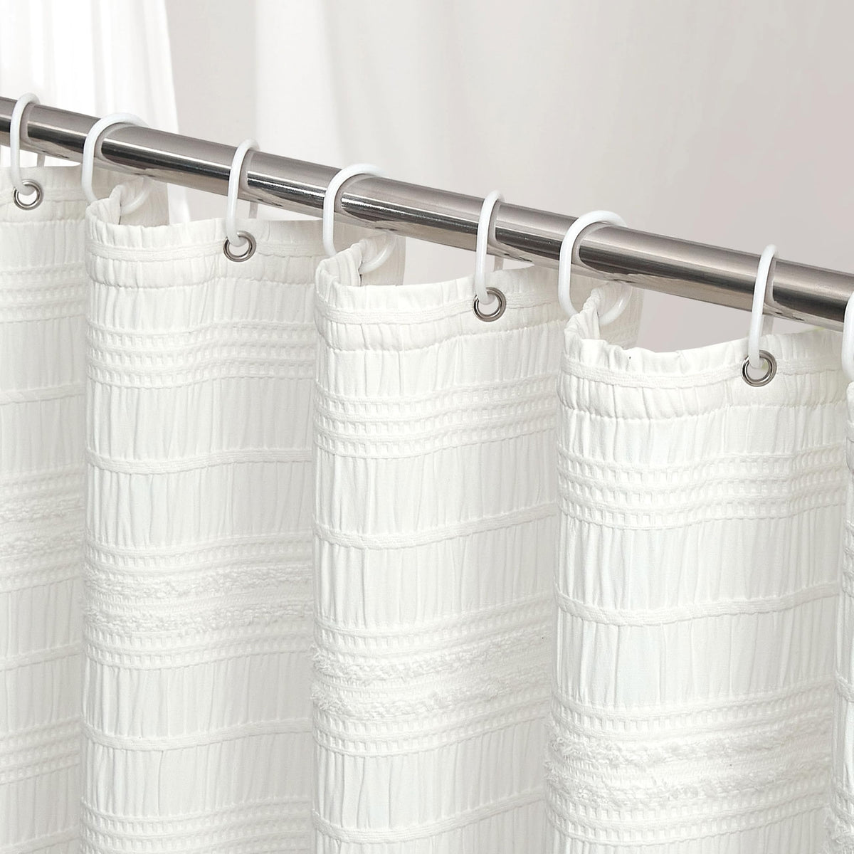 Siiluminisoy white shower curtain with textured stripe and waffle weave