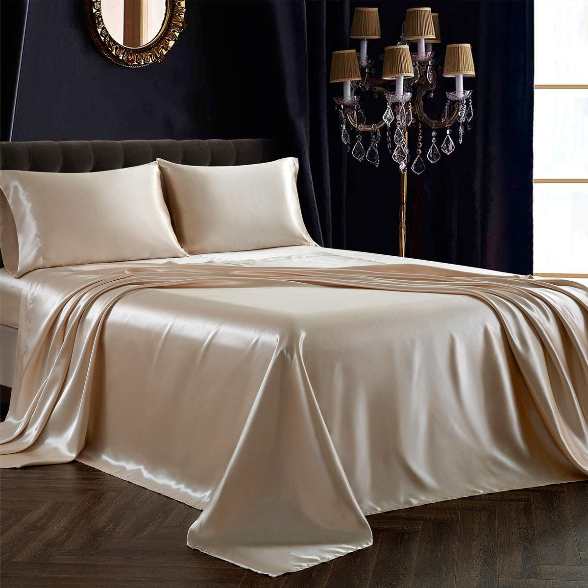 SiinvdaBZX satin sheet set beige on queen bed, luxurious softness.