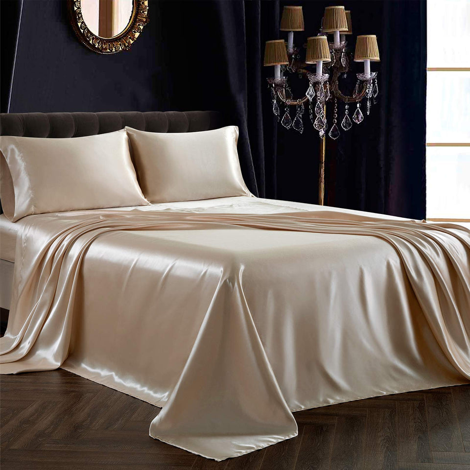 SiinvdaBZX satin sheet set beige on queen bed, luxurious softness.