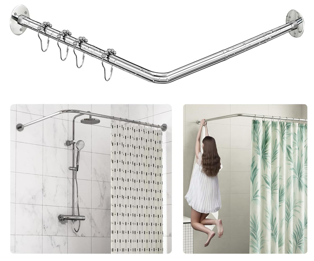 Sikaiqi L-shaped shower rod demonstrated adjustable length for tight and spacious corners.