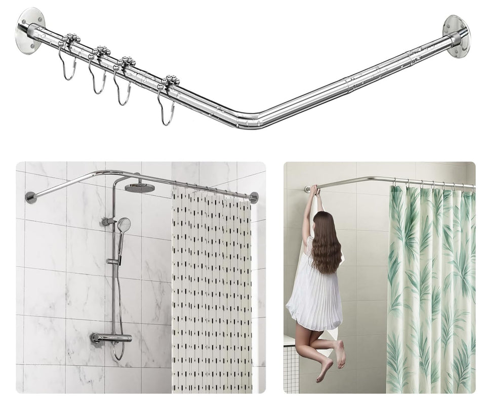 Sikaiqi L-shaped shower rod demonstrated adjustable length for tight and spacious corners.