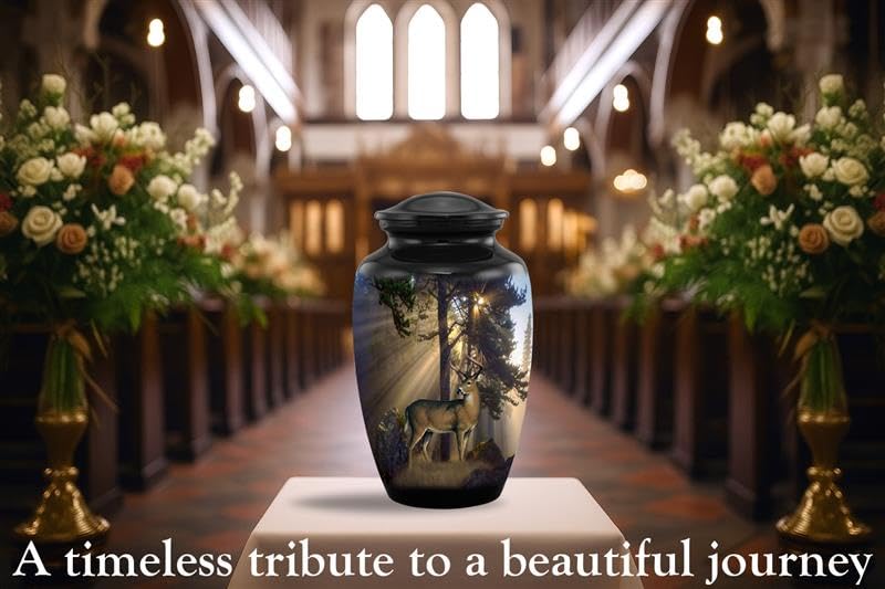 SILENT GOODBYES deer forest scene urn, crafted to hold adult ashes securely.