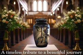 SILENT GOODBYES deer forest scene urn, crafted to hold adult ashes securely.