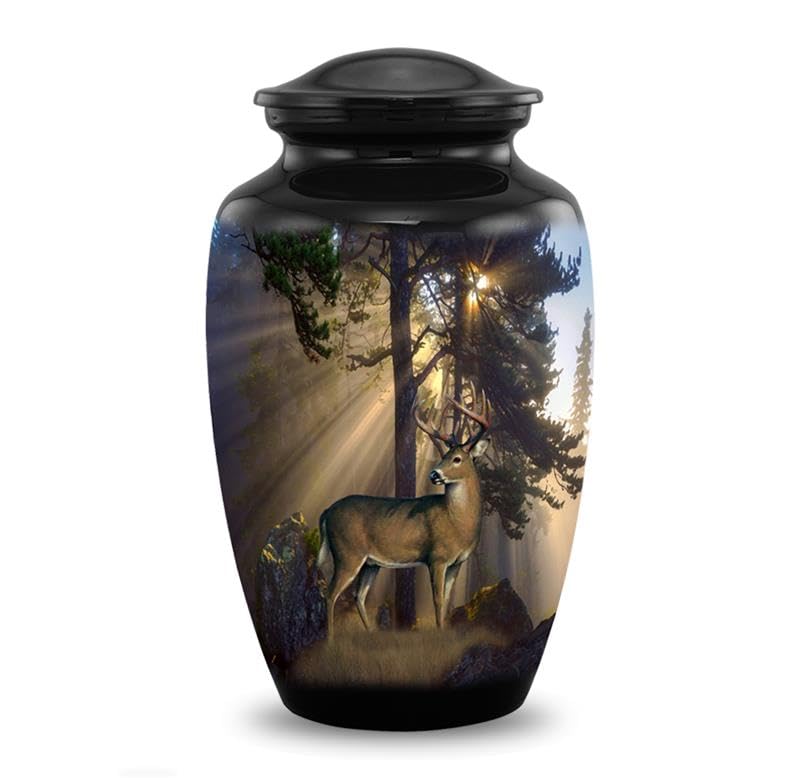 SILENT GOODBYES Gone Hunting Deer urn with sunrays, a dignified memorial centerpiece.