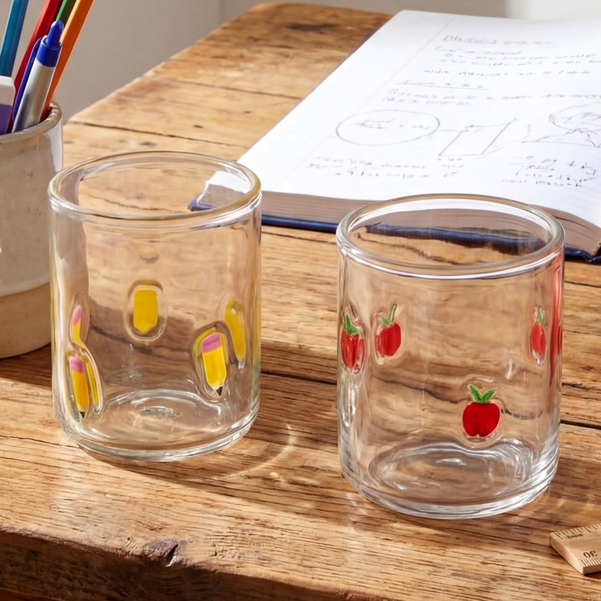 SiliFine pencil-apple icon juice glass 14oz adds playful style to beverages during meals