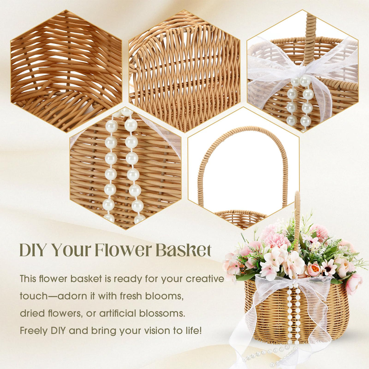 SiliFine white ribbon bows embellish the rustic basket.