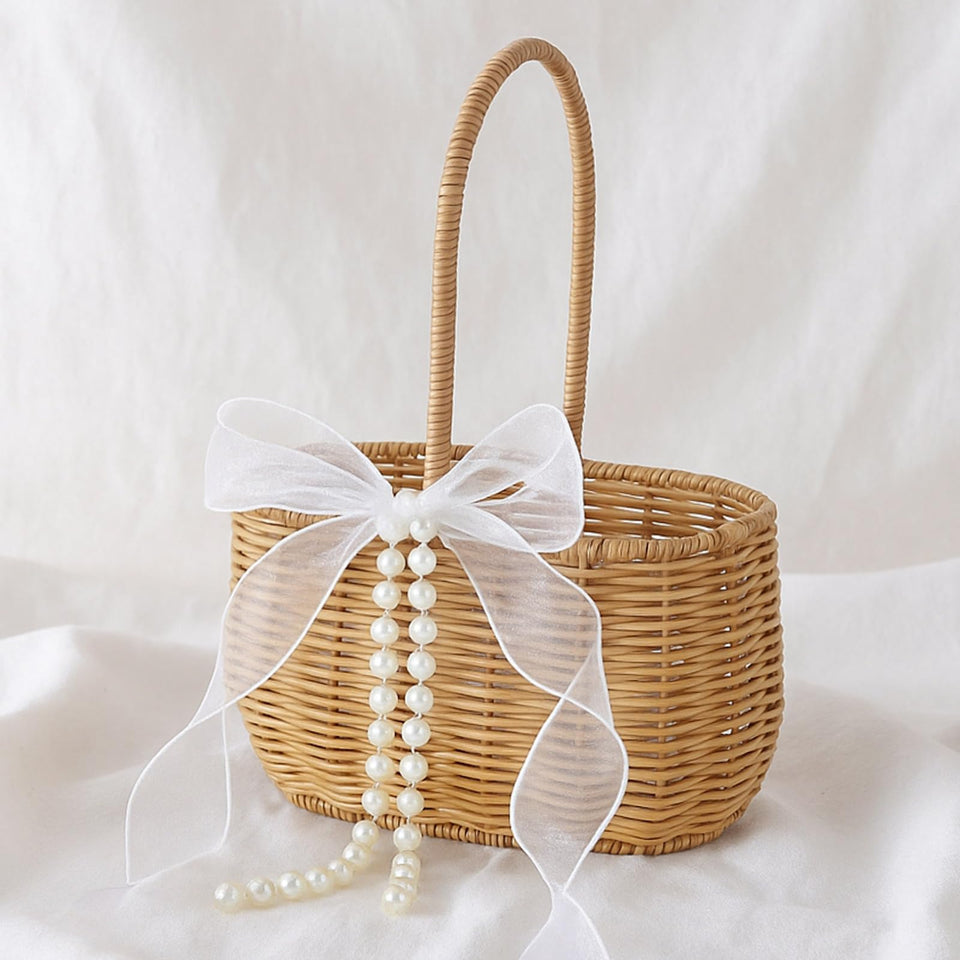 SiliFine wicker flower girl basket with bows and pearls for aisle petals
