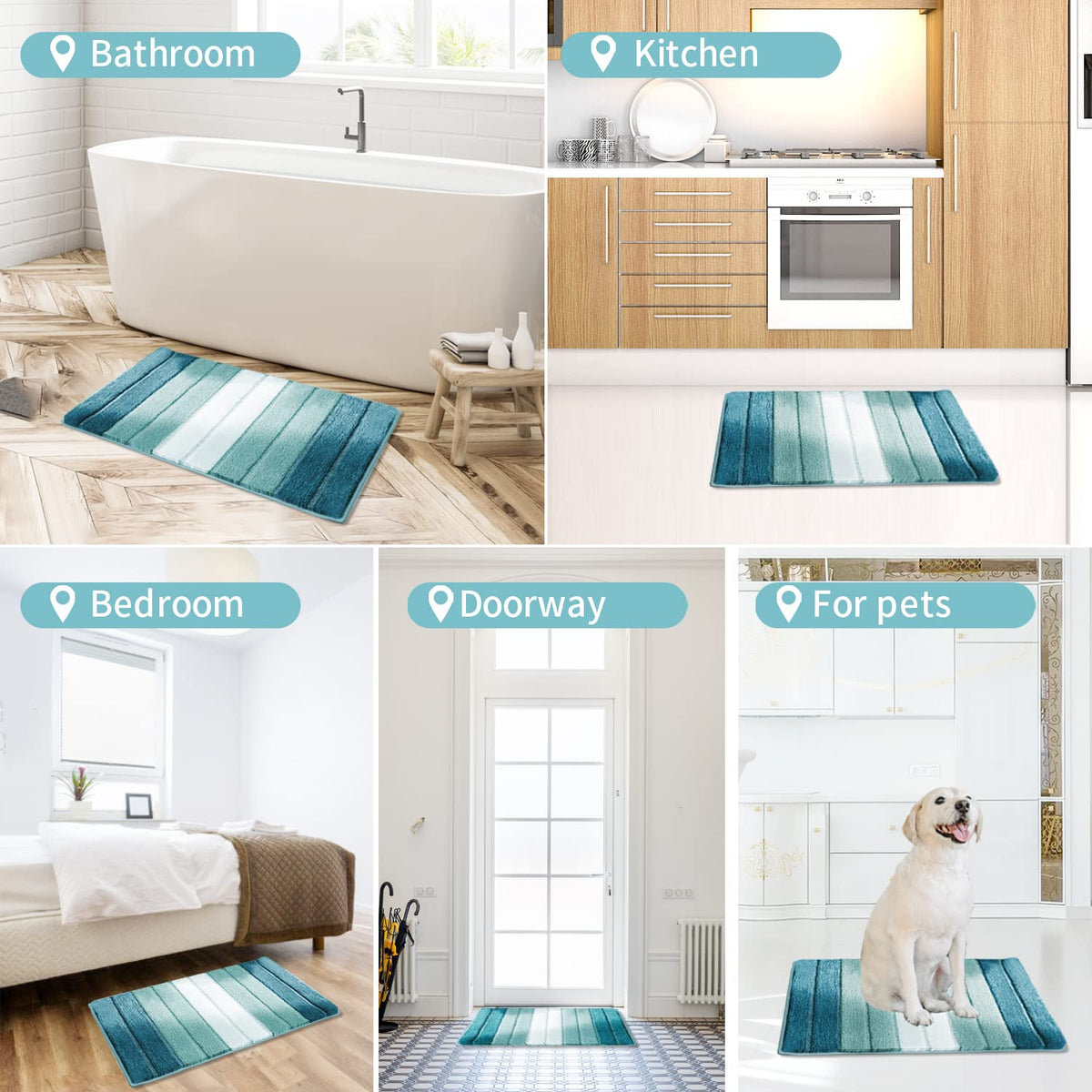 SiliPacks turquoise rug brightens bathrooms and kitchens.