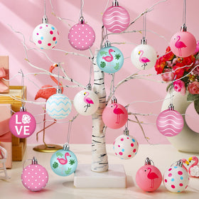 Silipull flamingo ornaments on small tree create festive focal point