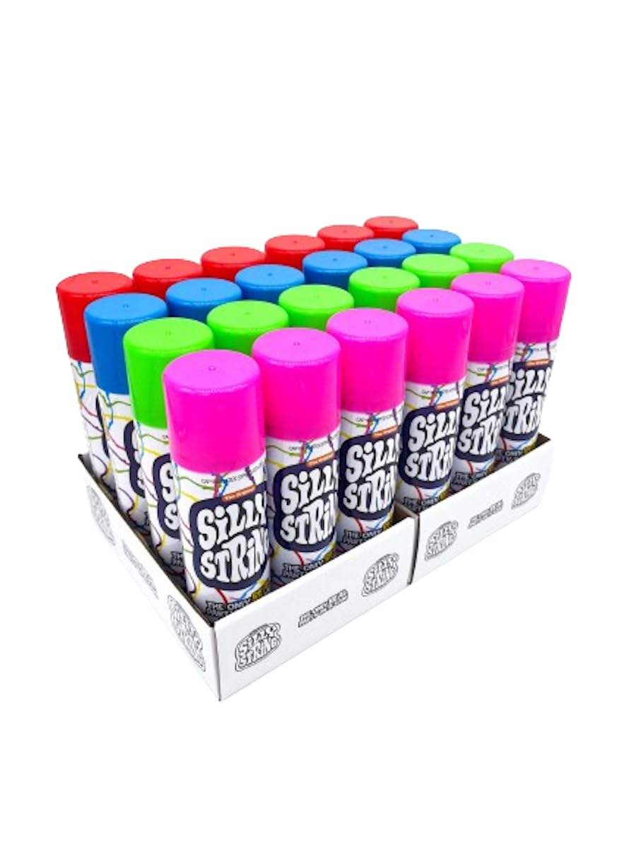 Silly String 24-pack with assorted color bottles for colorful celebrations.