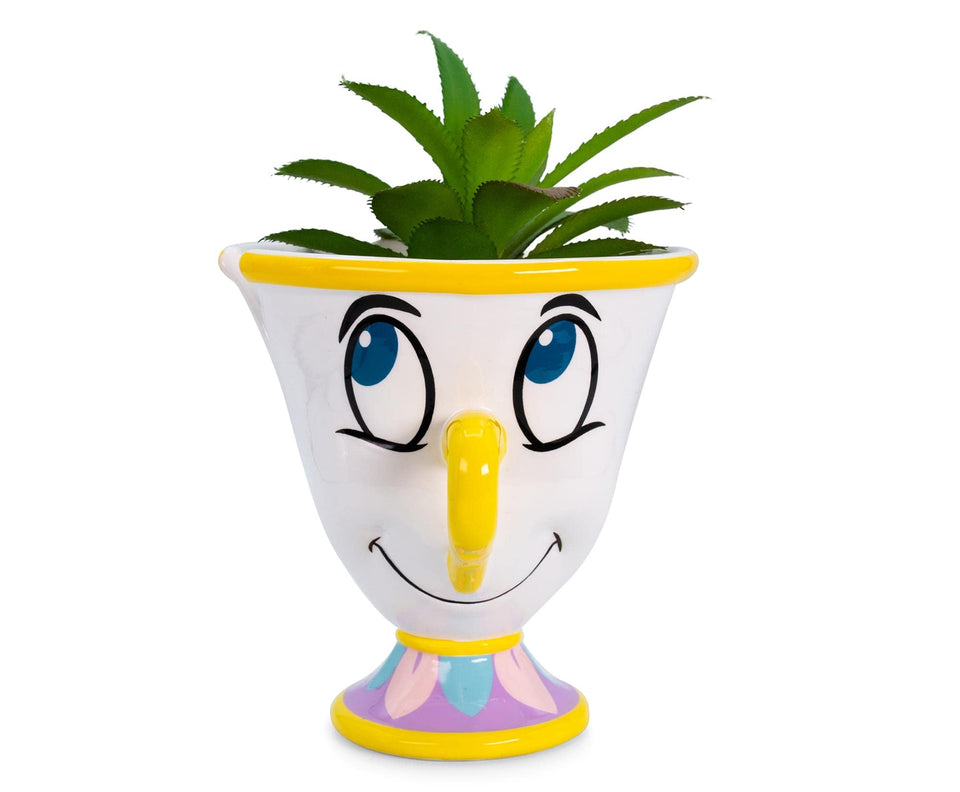 Silver Buffalo Beauty and the Beast Chip mini planter on a teacup ceramic base adds a desk charm