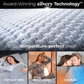 Silvery bed scene at night illustrating moisture-wicking performance.