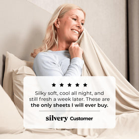 Silvery bed sheets 3x fresher-longer claim image communicates extended freshness.