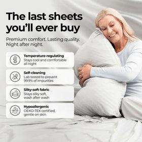 Silvery bed sheets set features a temperature-regulating weave for year-round comfort.