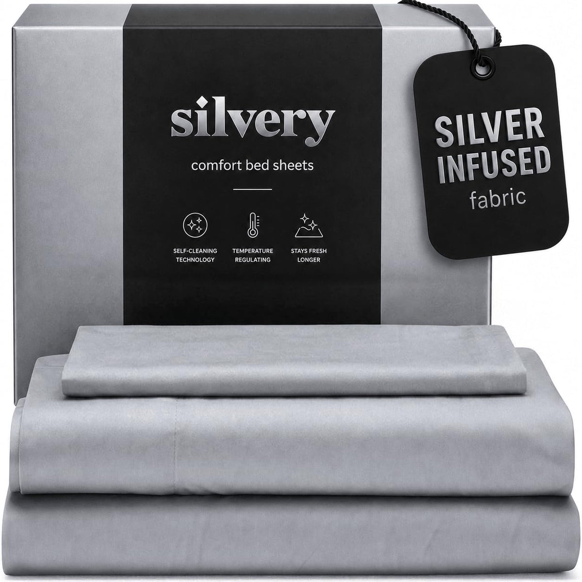 Silvery bed sheets set offers ultra-soft fabric for a luxurious night's sleep.