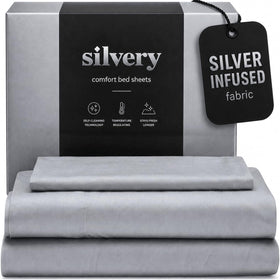 Silvery bed sheets set offers ultra-soft fabric for a luxurious night's sleep.