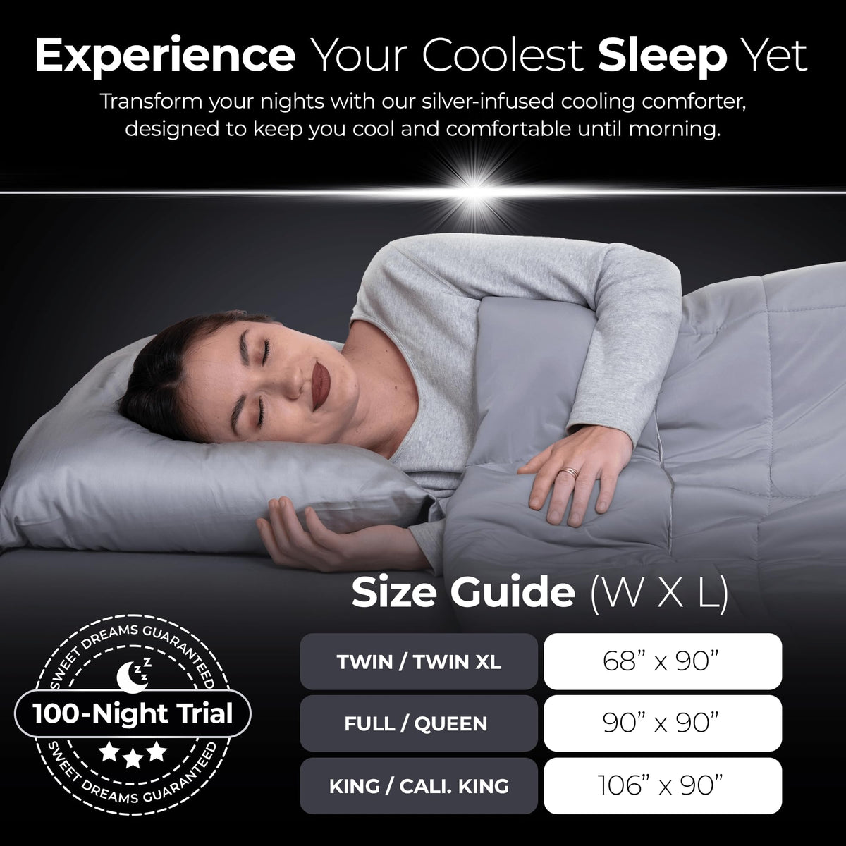 Bedroom setup with Silvery comforter for cooler, sweat-free nights.