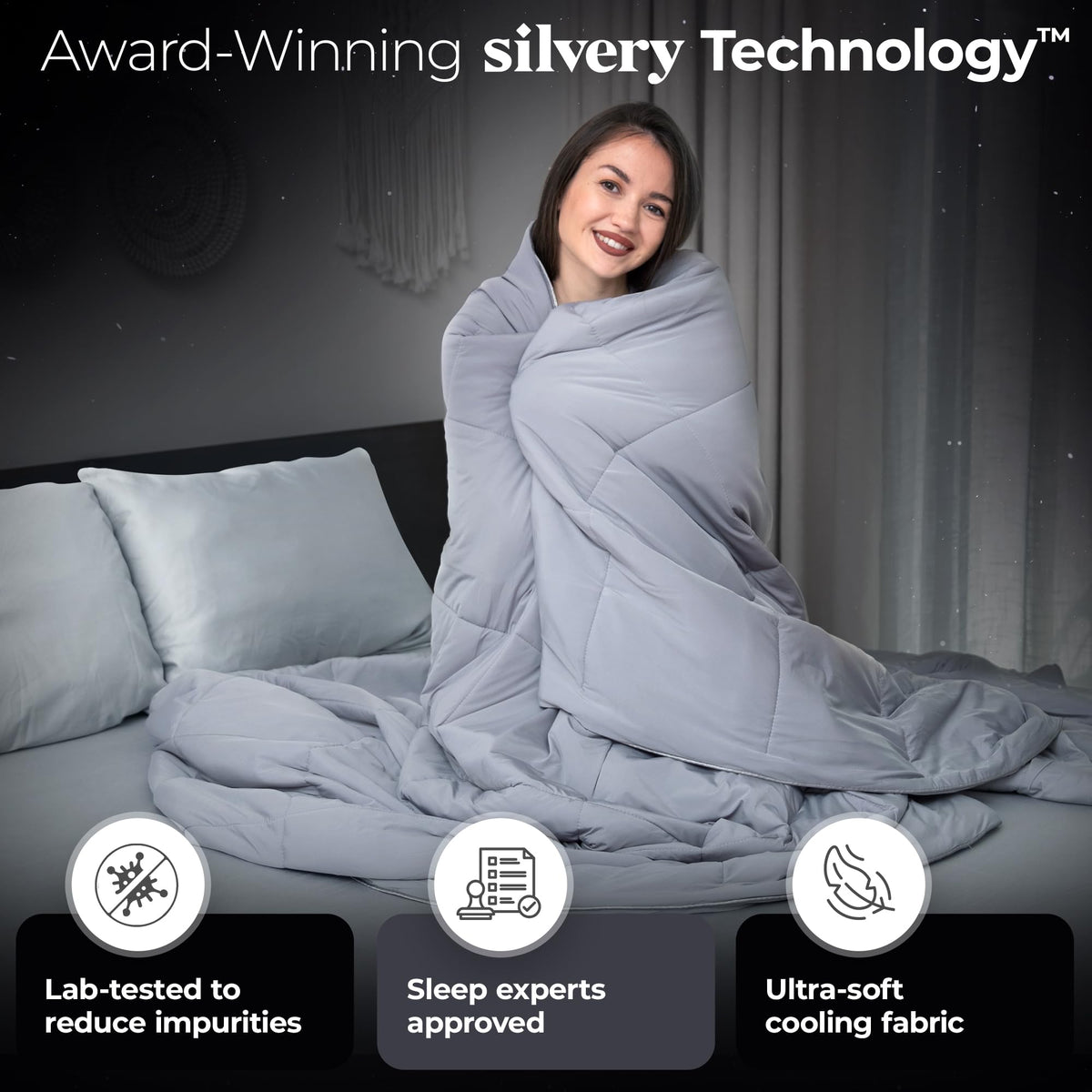 Silvery comforter folded display demonstrating compact, easy-care styling.