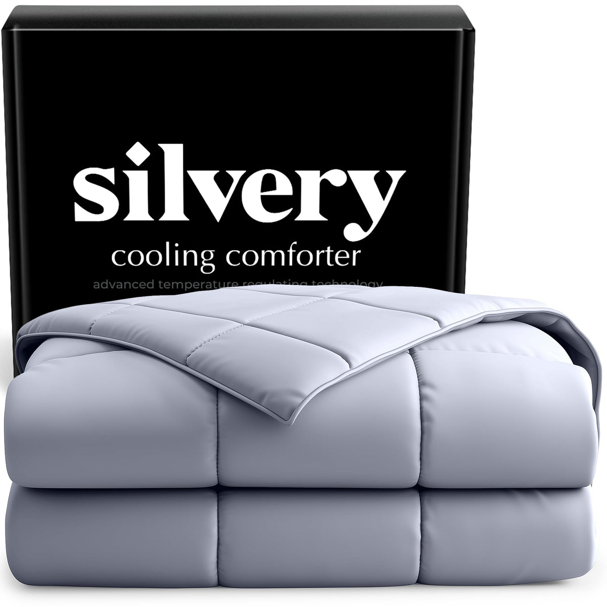 Silvery cooling comforter front view with breathable fabric for hot sleepers.