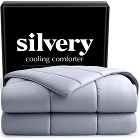 Silvery cooling comforter front view with breathable fabric for hot sleepers.