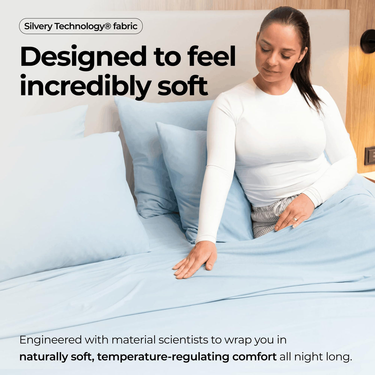 Silvery fabric texture closeup shows breathable weave and soft touch.