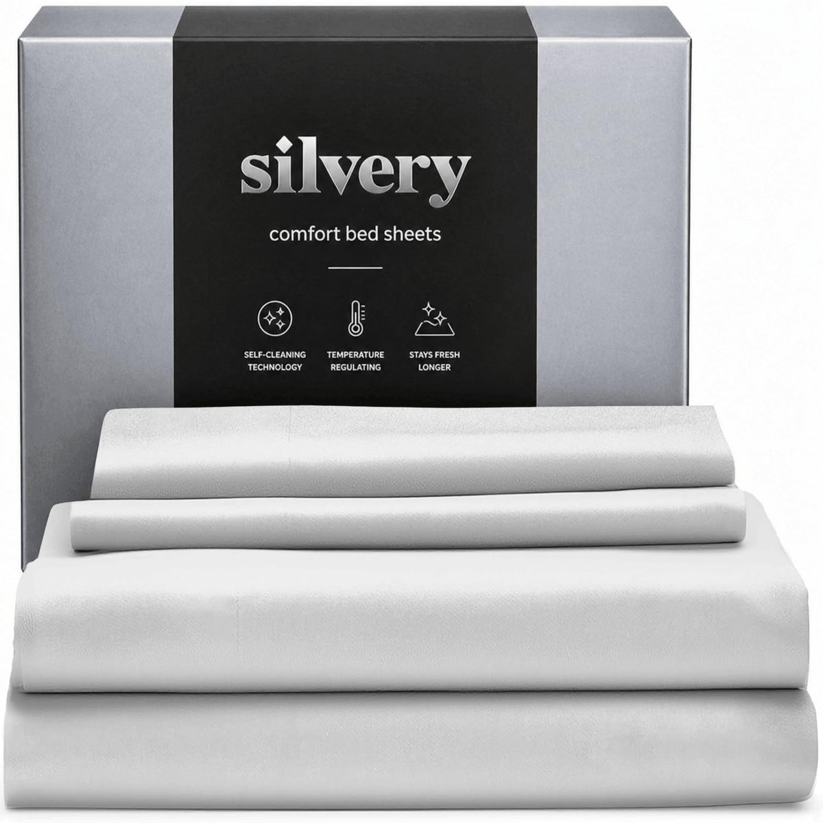 Silvery silver-infused bed sheets closeup of fabric weave for cooler, fresher sleep.