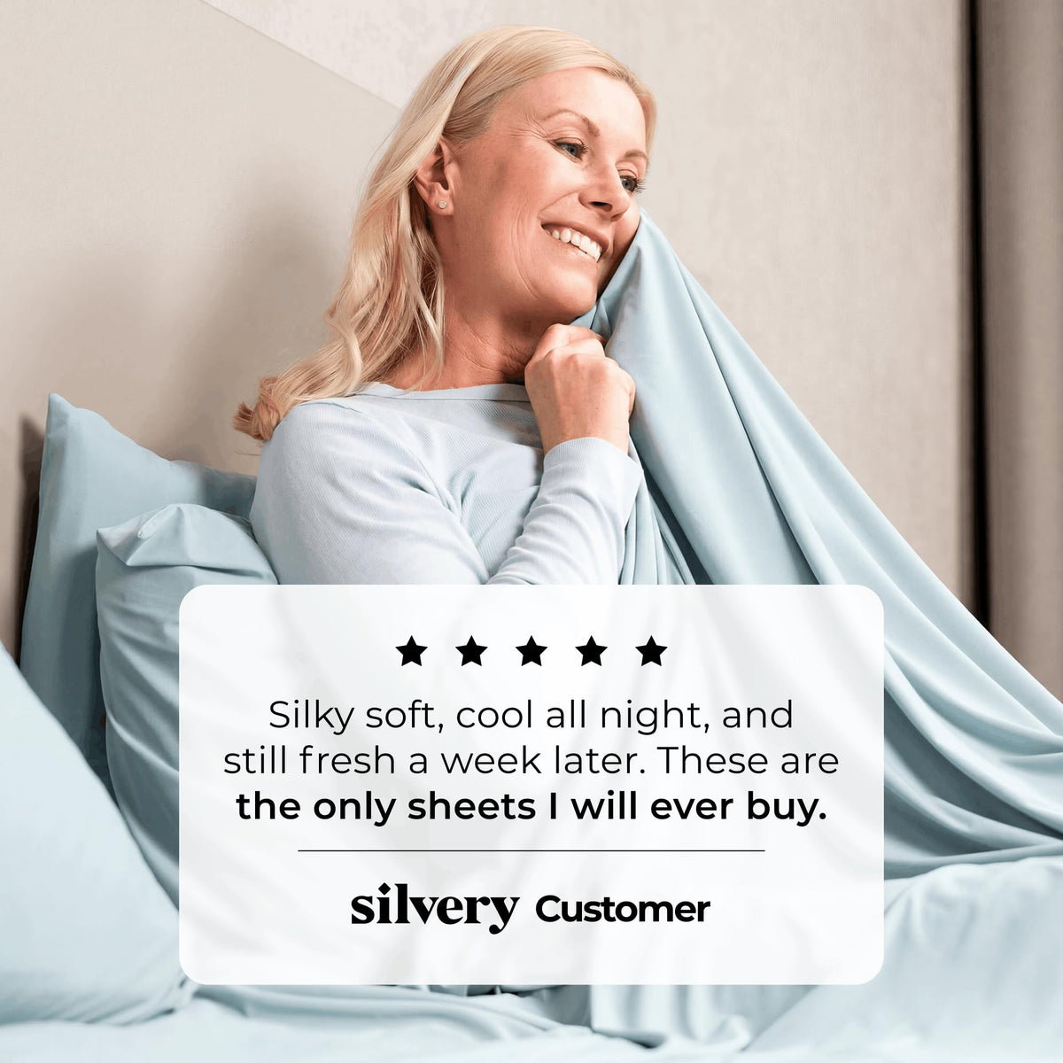Bedroom scene communicates hypoallergenic feel, gentle on sensitive skin with Silvery sheets.