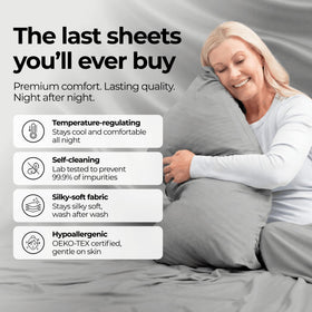 Silvery silver-infused bed sheets on king bed demonstrate generous fit and hotel-like comfort.