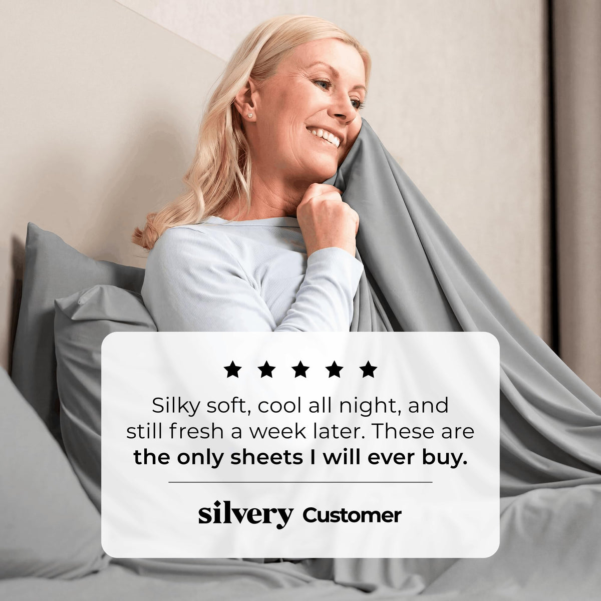Silvery breathable weave adapts to room temperature for responsive comfort.