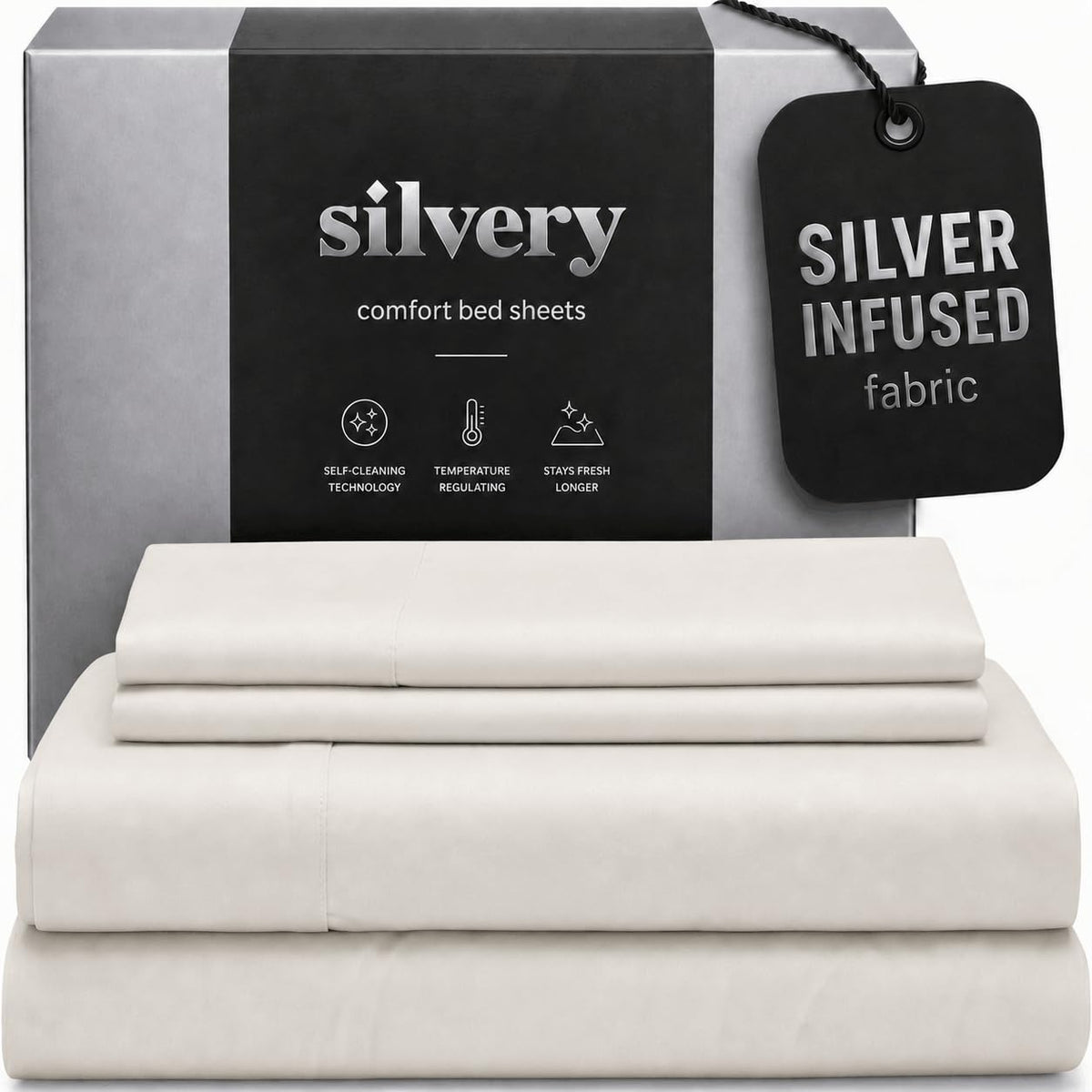 Silvery bed sheets close-up shows breathable silver-infused fabric for fresher sleep.