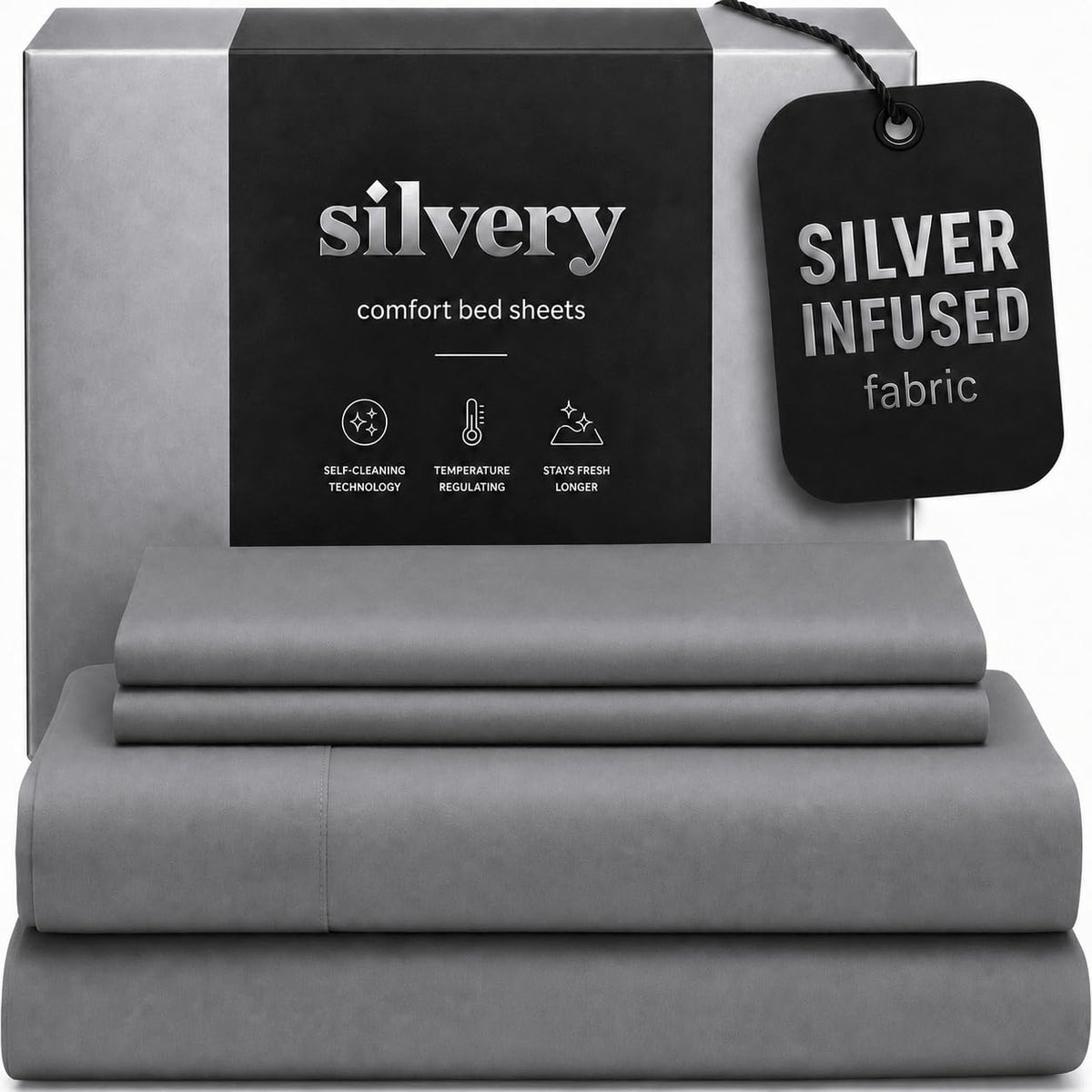 Silvery bed sheets set with silver ions for cooler nights and fresher sleep.
