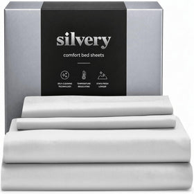 Silvery bed sheets set packshot highlighting luxury and silver technology for fresher sleep