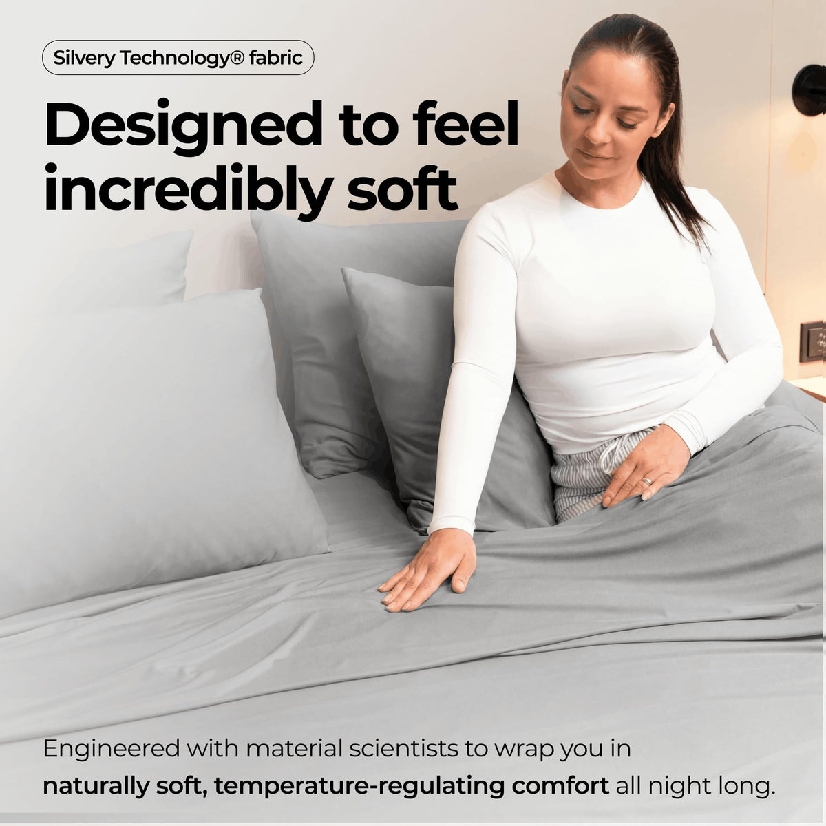 Silvery bed sheets set features self-cleaning technology for a consistently clean surface.