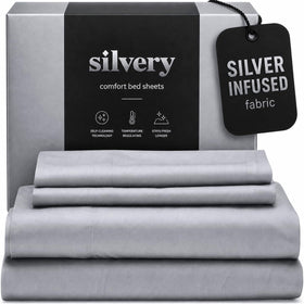 Silvery silver-infused bed sheets close-up showing ultra-soft fabric.