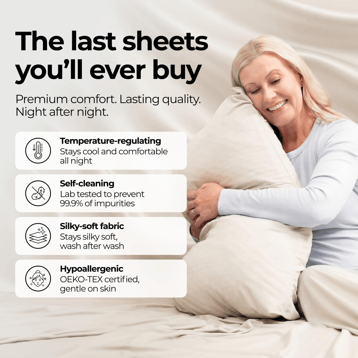 Silvery bed sheets close-up highlights ultra-soft, silky fabric for comfort.