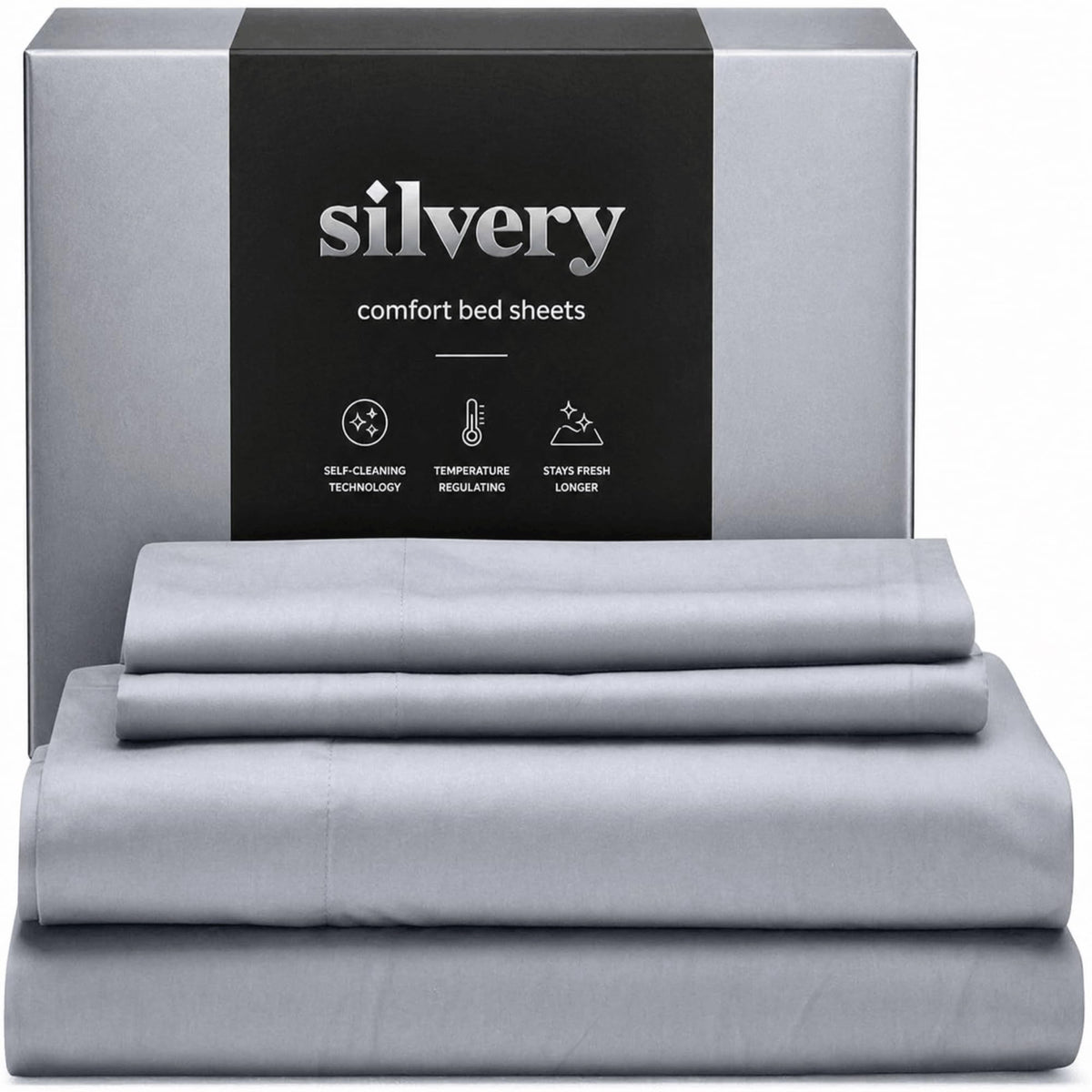 Silvery silver-infused bed sheets with ultra-soft fabric for a plush sleep surface.